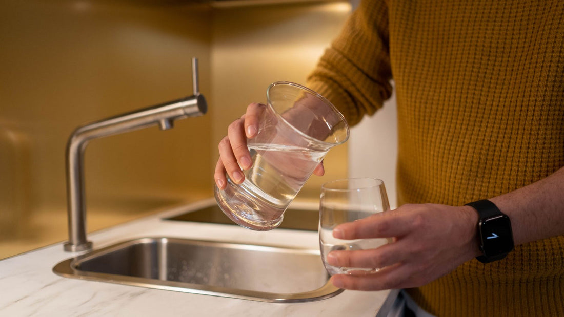 Glass of water and a plate of food on a kitchen counter in morning light