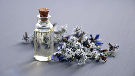 Bottle of golden vegetable oil beside safflower seeds on a kitchen counter
